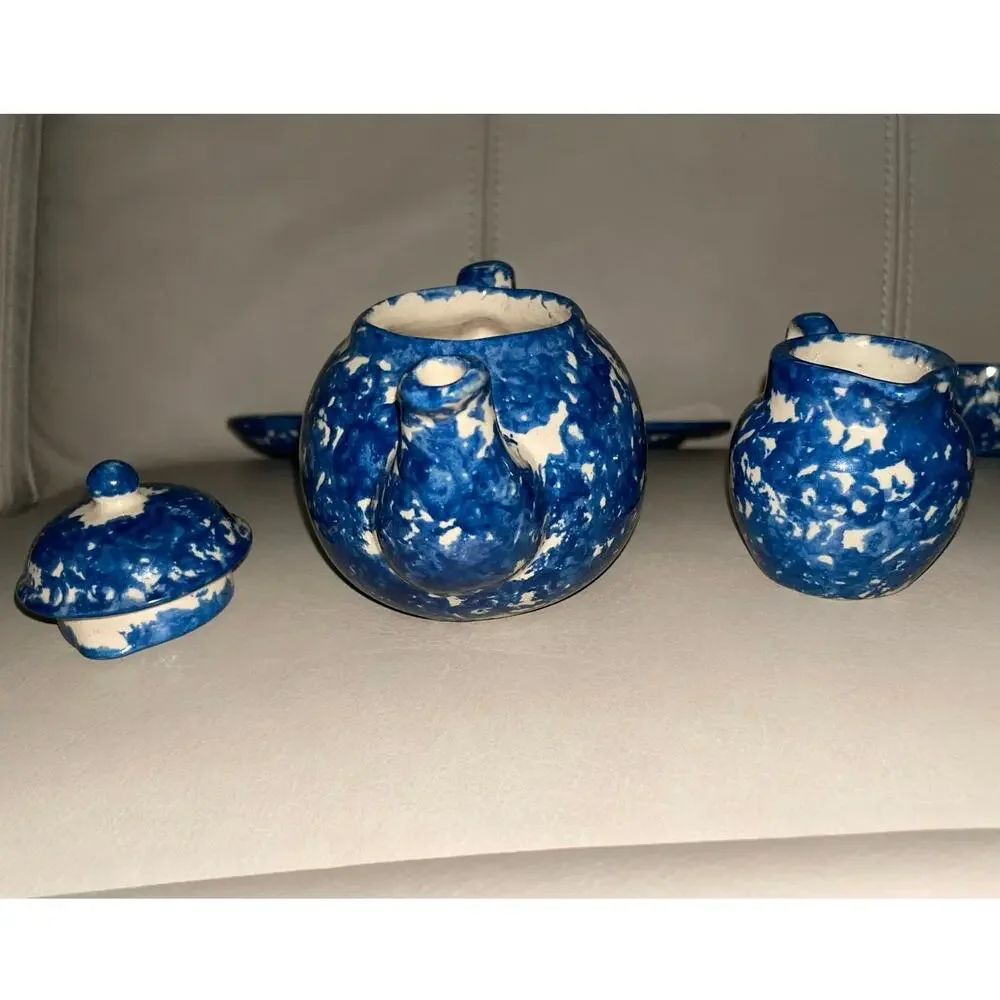 Rare 1987 Signed Barb Hall Miniature 5pc Blue Spongeware Tea Set 